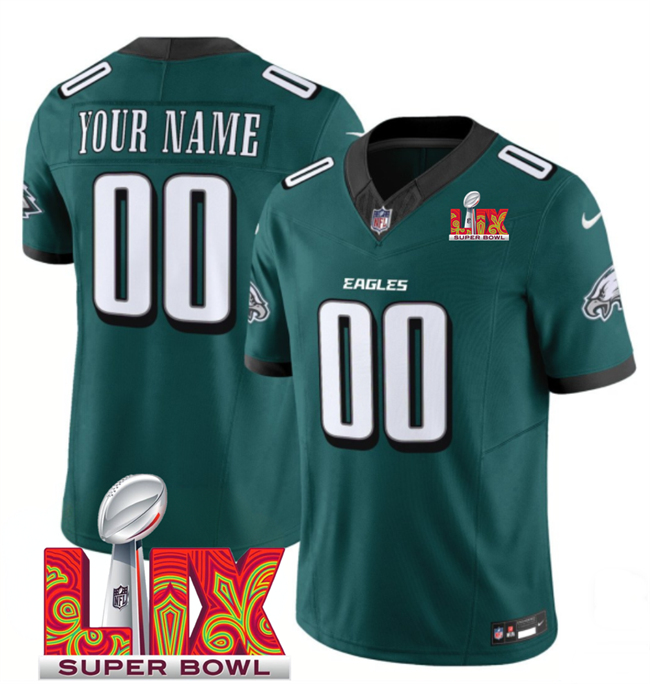 Men's Philadelphia Eagles Customized Green 2025 Super Bowl LIX Patch New F.U.S.E. Vapor Limited Stitched Football Jersey